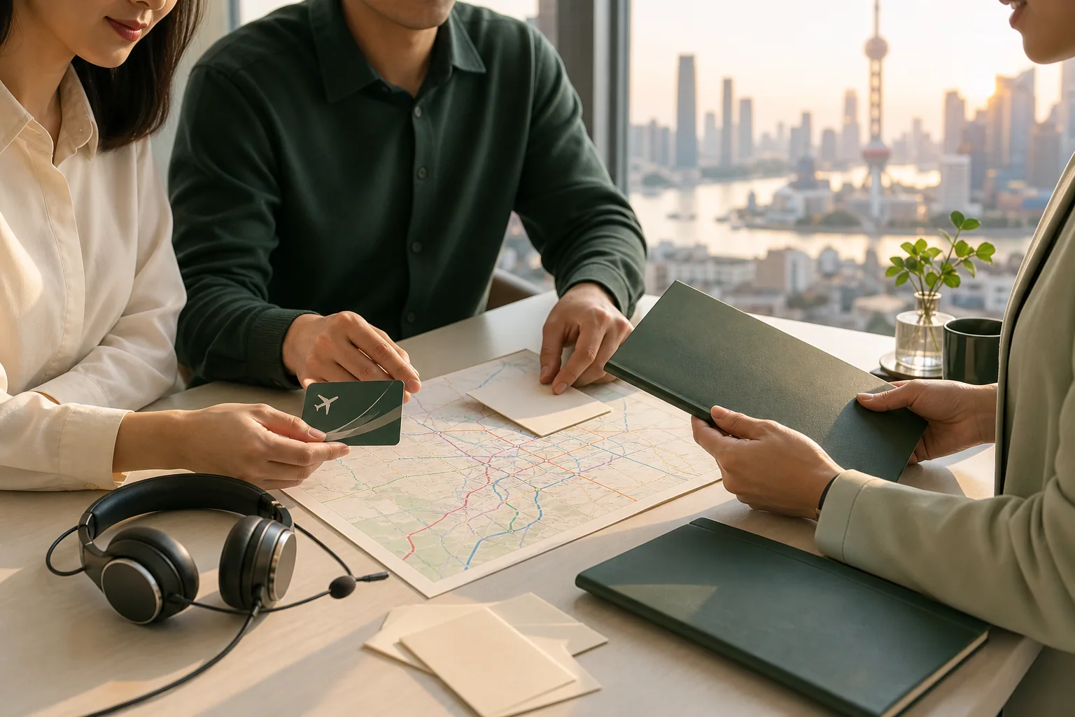 Coordination desk with travel card, city map, headset and blank document folders overlooking Shanghai