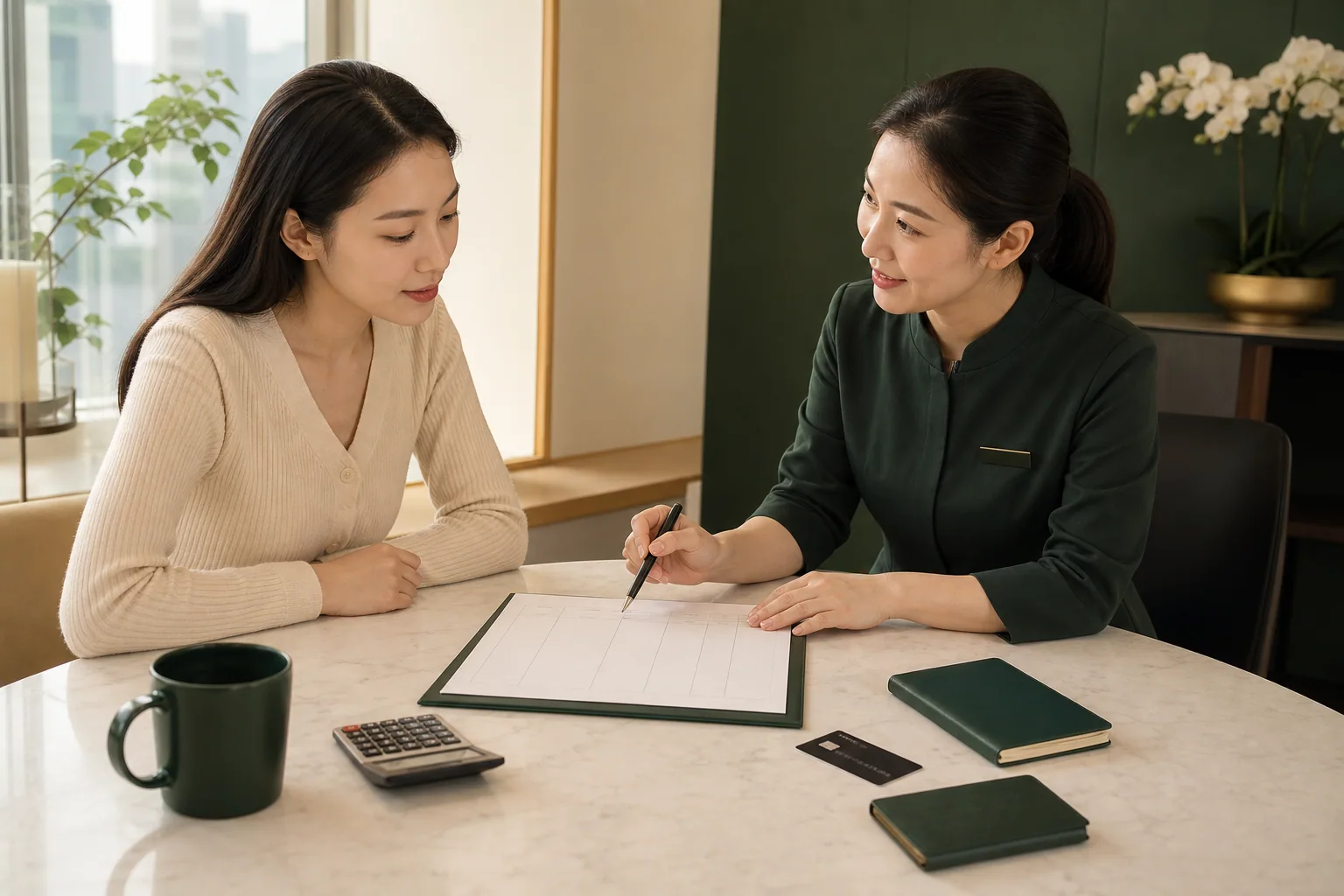 Patient and coordinator reviewing a blank cost worksheet with a calculator and payment card