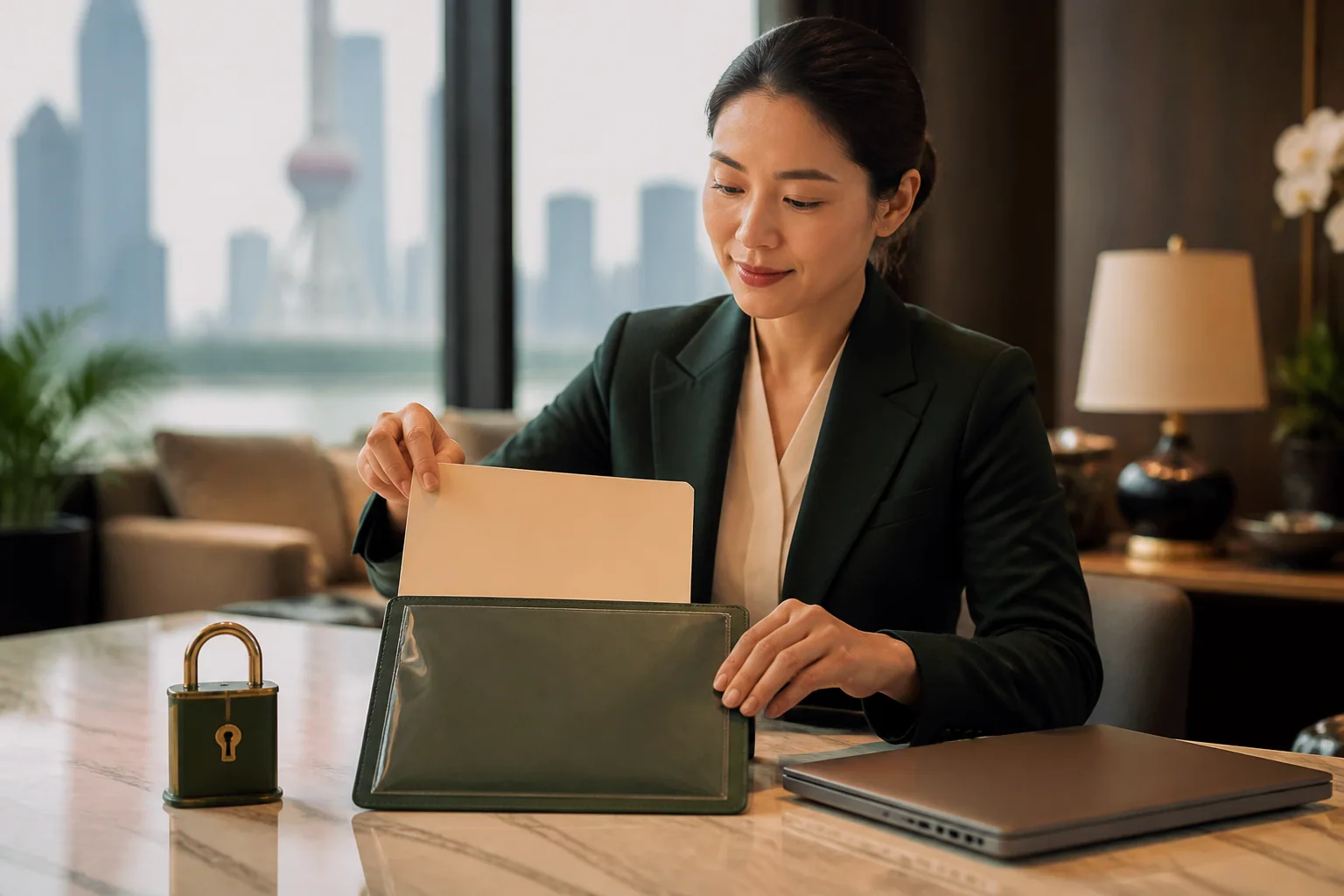 Coordinator placing an anonymous blank folder in a protective sleeve beside a closed laptop and lock