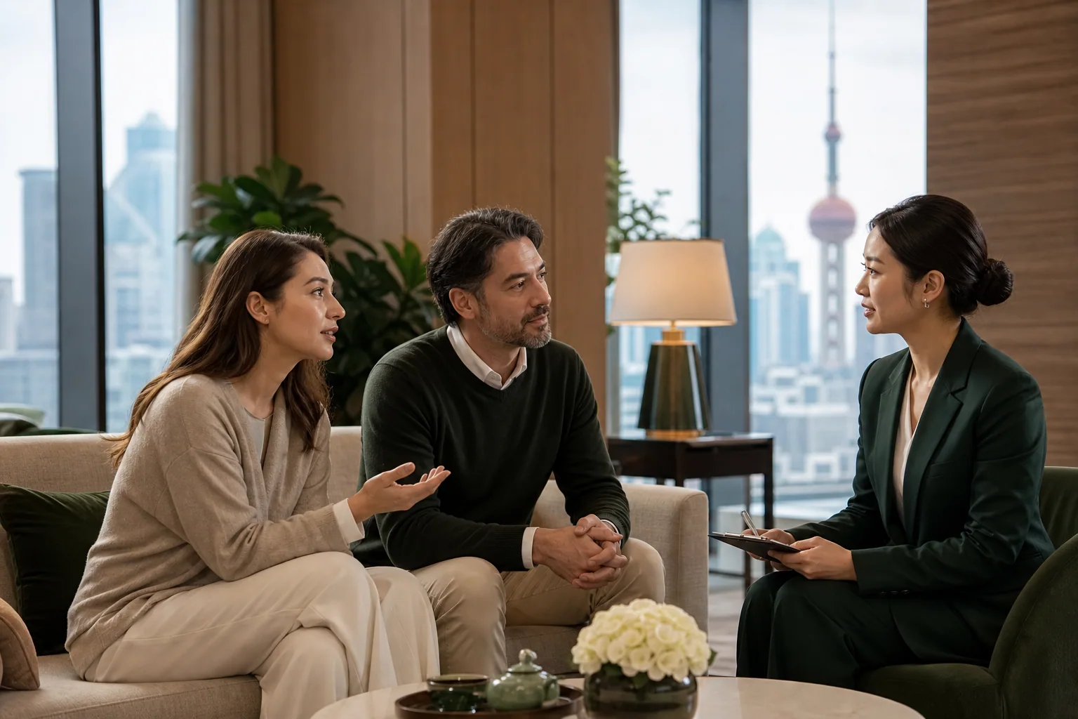 Patient and family speaking at equal eye level with a care coordinator in a calm private room