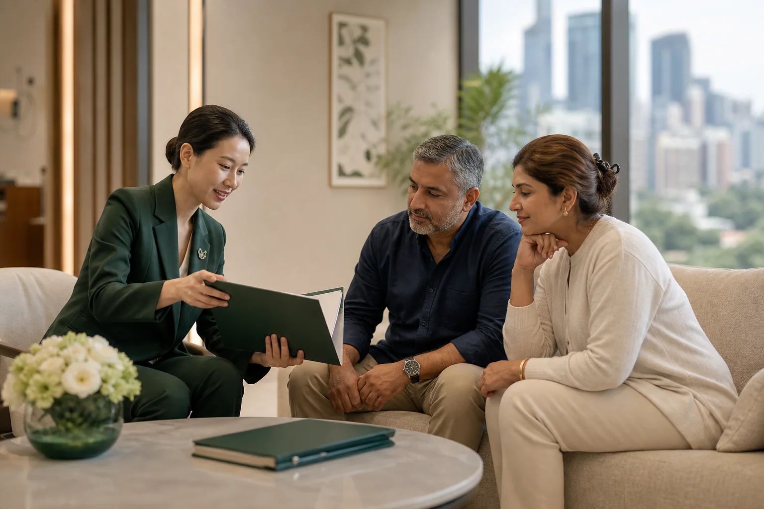 International patient and family reviewing a blank coordination folder with a bilingual care coordinator